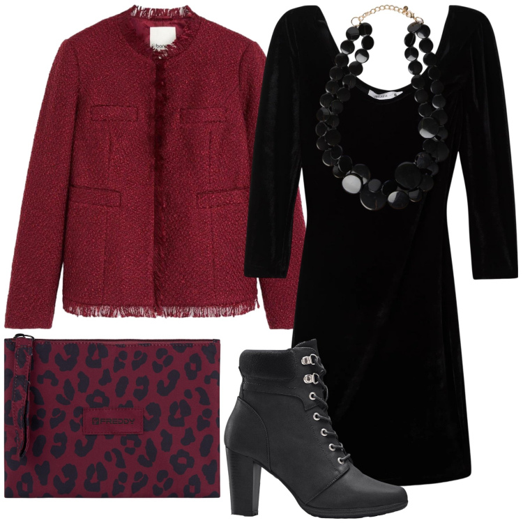 Outfit donna - Giacca chanellina per cena fuori. Stile Chic per Serata fuori. Abbinamento con cappotti, stivaletti, vestiti corti, clutch, collane.