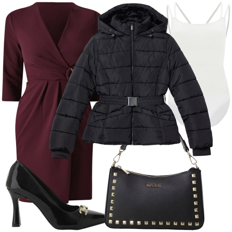 Outfit donna - Un invito serale. Stile Chic per Serata fuori. Abbinamento con vestiti, piumini, pochette, décolleté, body.