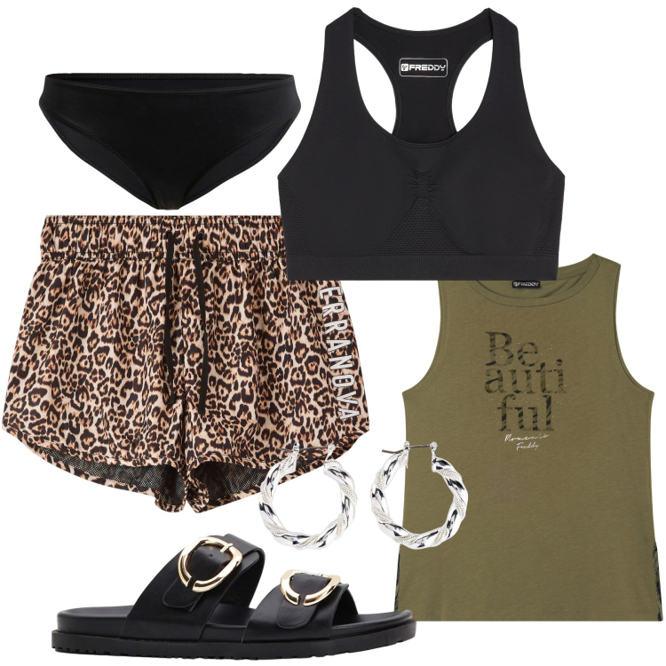 Outfit donna - Finalmente a casa. Stile Basic per Tutti i giorni. Abbinamento con culotte, orecchini, ciabatte, shorts, reggiseni, canottiere.