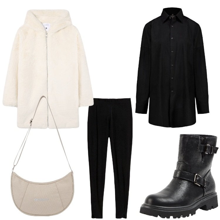 Outfit donna - Semplice. Stile Casual chic per Tutti i giorni. Abbinamento con leggings, cappotti, stivaletti, borse a spalla, camicie.