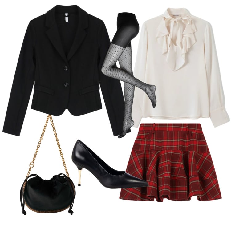 Outfit donna - Pensando alle feste natalizie. Stile Chic per Serata fuori. Abbinamento con collant, décolleté, bluse, blazer, minigonne, borse a spalla.