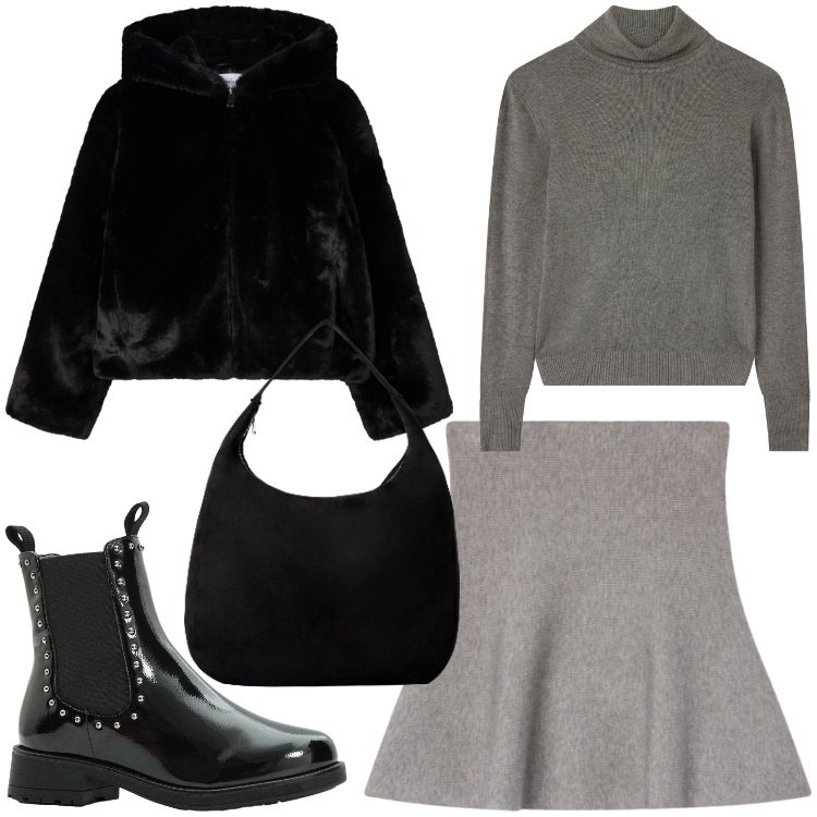 Outfit donna - Bella. Stile Casual chic per Serata fuori. Abbinamento con stivaletti chelsea, minigonne, borse a mano, maglieria, ecopellicce.