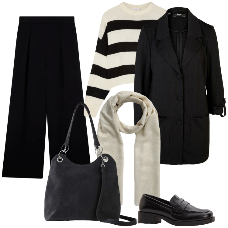 Outfit donna - Chic e Classico. Stile Chic per Serata fuori. Abbinamento con blazer, mocassini, borse a mano, pantaloni, maglieria, foulard.