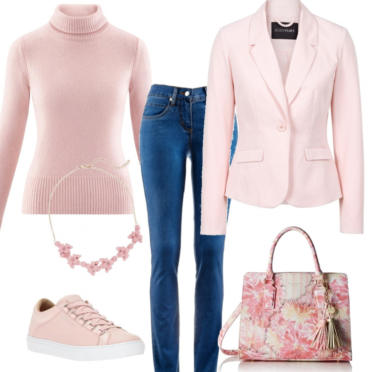 Outfit donna - In ufficio in rosa. Stile Basic per Tutti i giorni. Abbinamento con blazer, jeans dritti, collana fantasia floreale rosa, maglione collo a dolcevita filato rosa, sneakers rosa, shopping bag rosa.