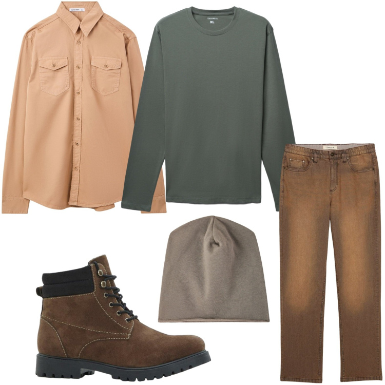 Outfit uomo - Giornata easy. Stile Casual per Tutti i giorni. Abbinamento con jeans, stivali e stivaletti, camicie, berretti, t-shirt.