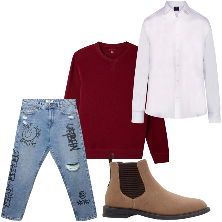 Outfit uomo - Jeans urban. Stile Casual per Tutti i giorni. Abbinamento con stivali e stivaletti, felpe, jeans strappati, camicie.