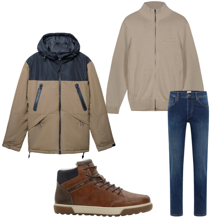 Outfit uomo - Il maglione in pendant con cappotto. Stile Trendy per Tutti i giorni. Abbinamento con jeans dritti, sneakers alte, bomber, cardigans.