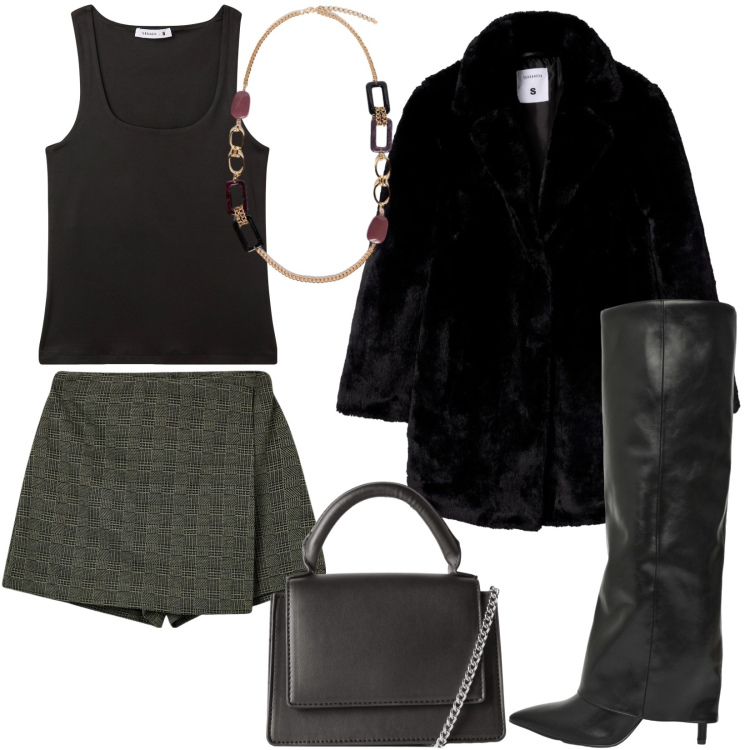 Outfit donna - La gonna pantalone. Stile Chic per Serata fuori. Abbinamento con minigonne, cappotti, stivali, borse a tracolla, canottiere, collane.