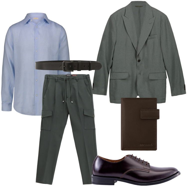 Outfit uomo - Riunione di lavoro. Stile Trendy per Ufficio. Abbinamento con pantaloni cargo, portafogli, cinture, camicie, scarpe stringate, giacche.