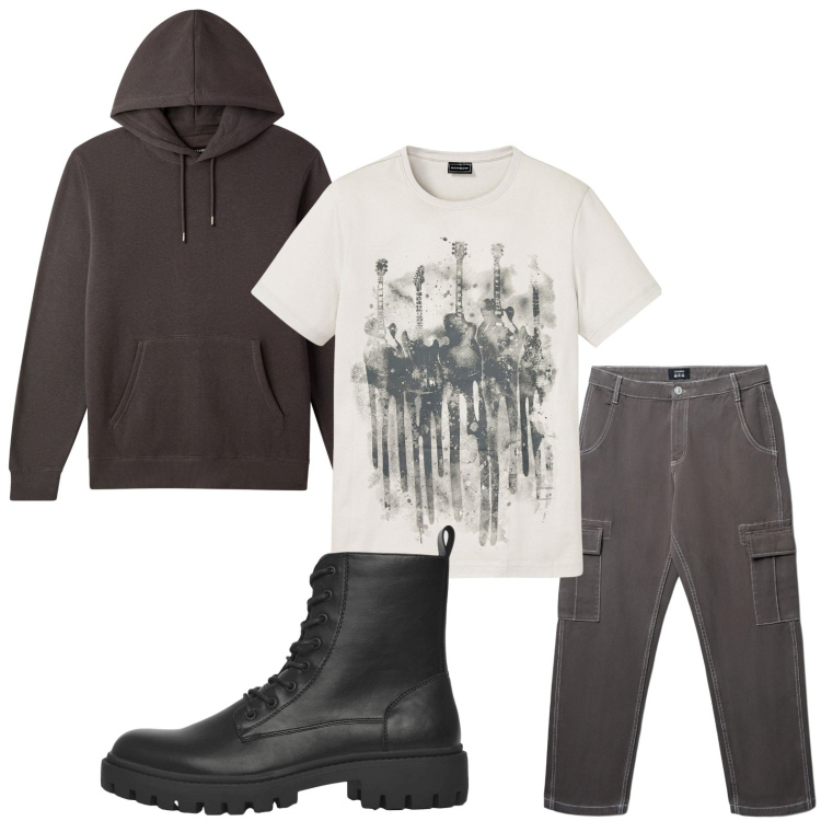 Outfit uomo - Cool. Stile Trendy per Tutti i giorni. Abbinamento con t-shirt, anfibi, pantaloni cargo, felpe con cappuccio.
