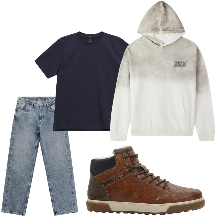 Outfit uomo - La felpa delavé. Stile Casual per Tutti i giorni. Abbinamento con sneakers alte, felpe con cappuccio, jeans dritti, t-shirt.