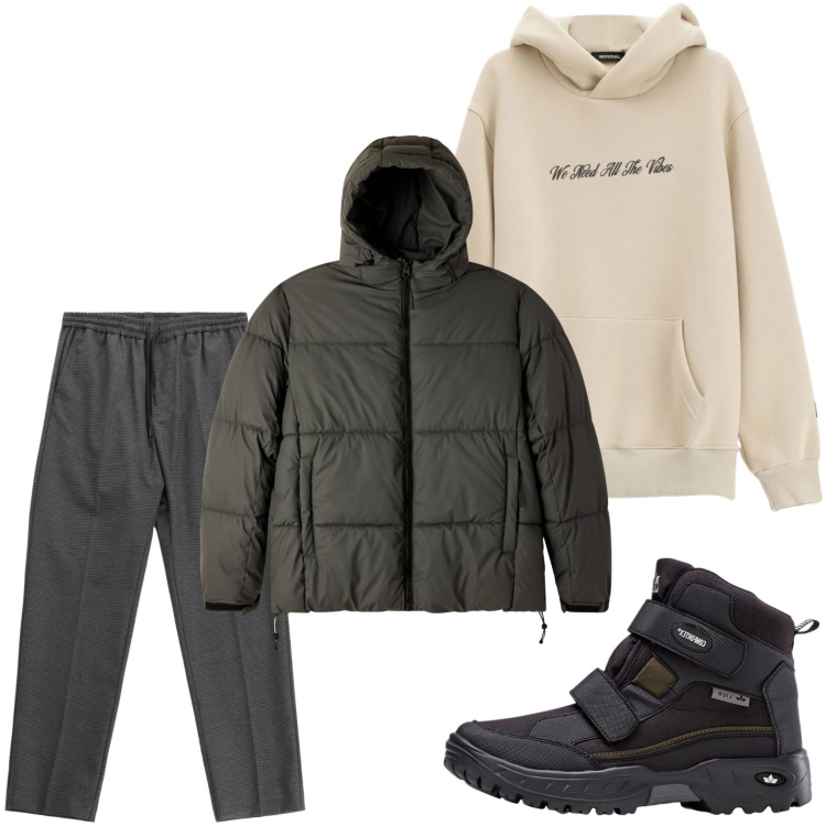 Outfit uomo - Felpa minimal. Stile Casual per Tutti i giorni. Abbinamento con stivali e stivaletti, bomber, felpe con cappuccio, pantaloni.