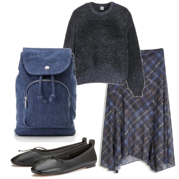 Outfit mujer - Urban look. Estilo Urban para Todos los días. Combinación con falda longuette, prendas de punto, bailarinas, mochilas.