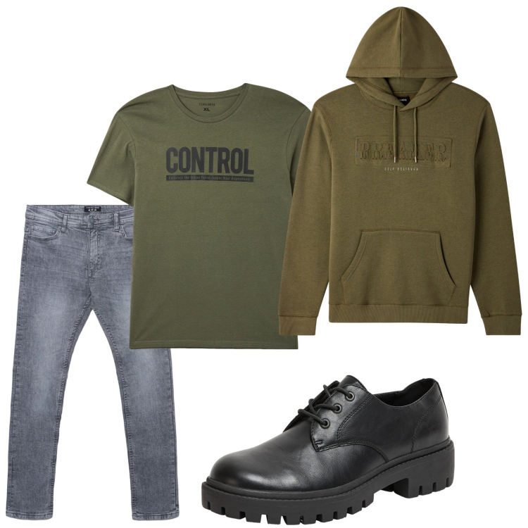 Outfit uomo - Dinamico. Stile Trendy per Tutti i giorni. Abbinamento con felpe con cappuccio, t-shirt, scarpe stringate, jeans skinny.