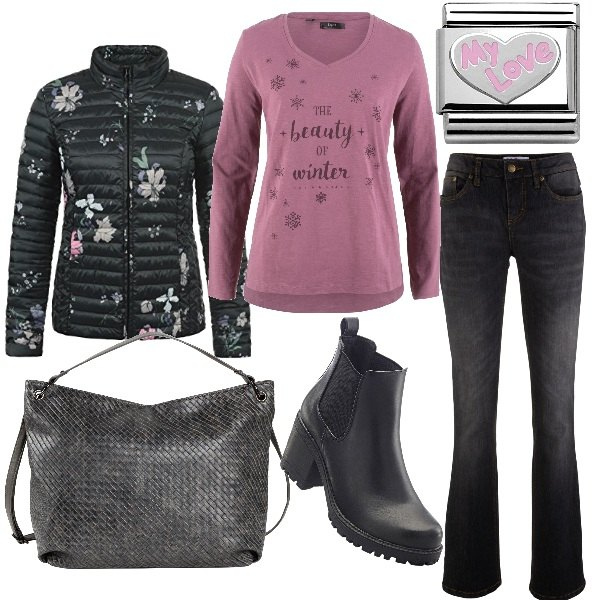 Outfit donna - Dettagli in rosa. Stile Basic per Tutti i giorni. Abbinamento con jeans bootcut, stivaletti chelsea, maglia a maniche lunghe filato, shopping bag, giacca sport con stampa scollatura con zip nero, ciondoli.