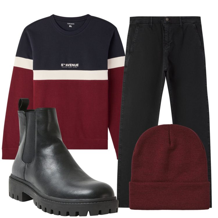 Outfit uomo - Total look #2293400. Stile Urban per Tutti i giorni. Abbinamento con stivali e stivaletti, felpe, berretti, pantaloni chino.