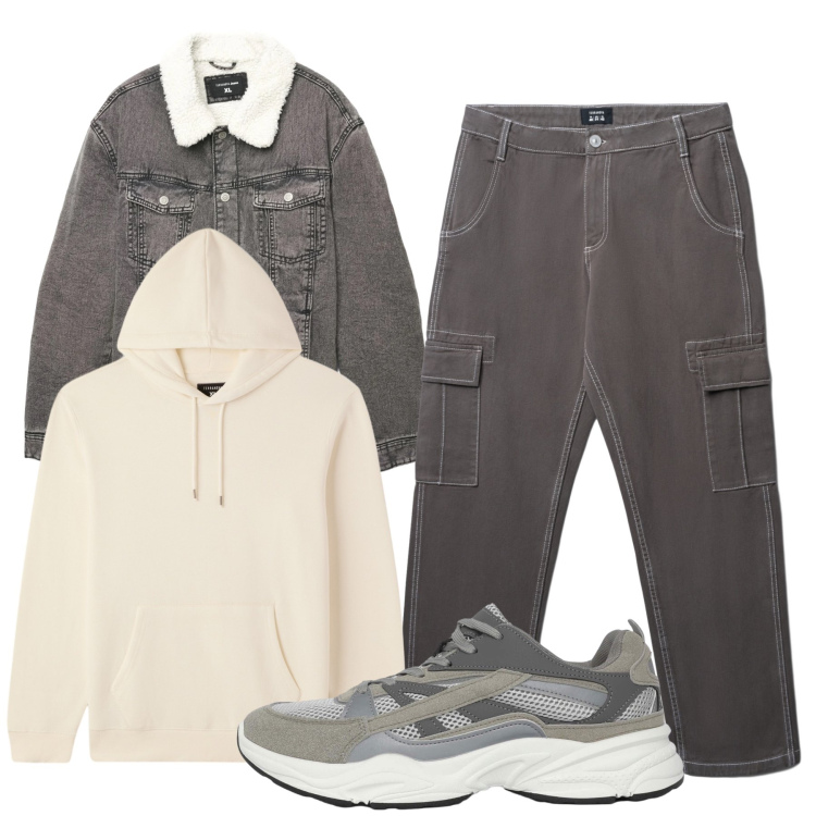 Outfit uomo - Total look #2293404. Stile Urban per Tutti i giorni. Abbinamento con felpe con cappuccio, sneakers, pantaloni cargo, cappotti.