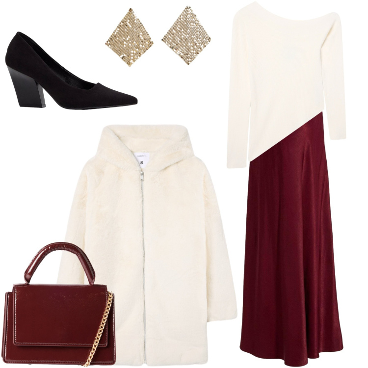 Outfit donna - La sera. Stile Casual chic per Serata fuori. Abbinamento con gonne, décolleté, maglieria, cappotti, orecchini, borse a tracolla.