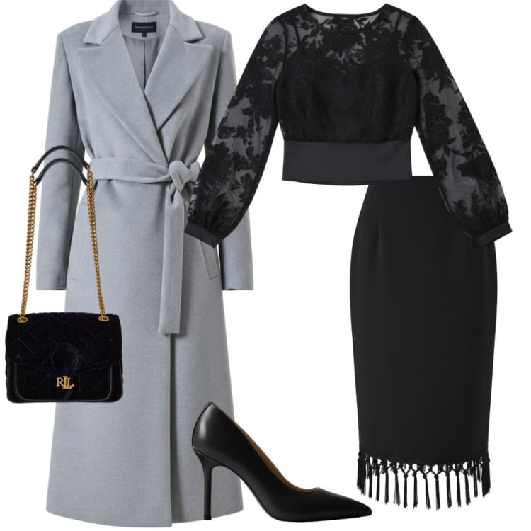 Outfit donna - Rinascimento black Friday. Stile Chic per Serata fuori. Abbinamento con gonne longuette, cappotti, bluse, borse a spalla, décolleté.