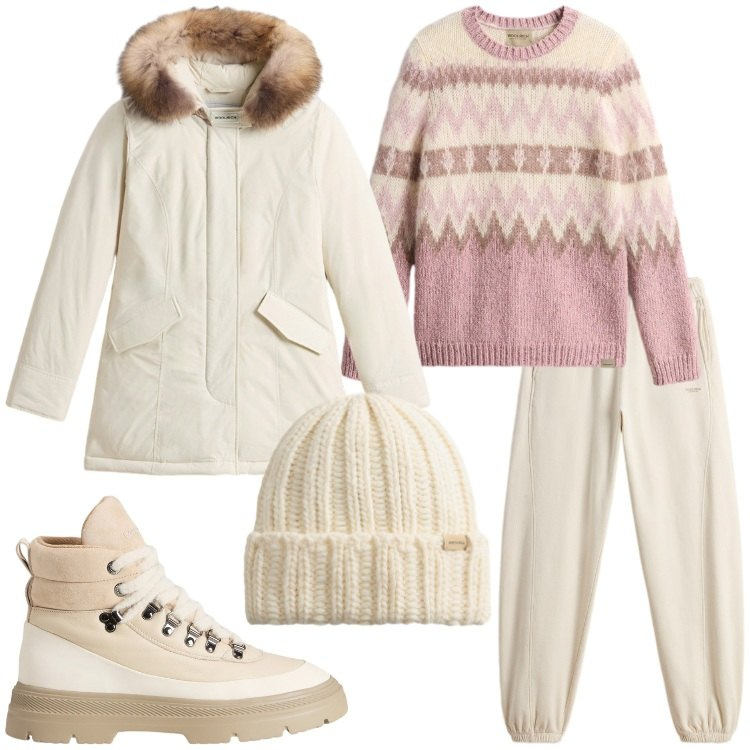 Outfit donna - Woolrich - Black Friday. Stile Casual per Tutti i giorni. Abbinamento con parka, anfibi, maglieria, pantaloni, berretti.