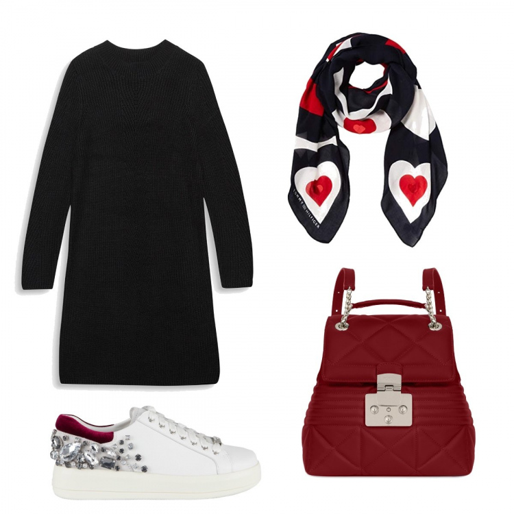 Outfit donna - Trendy #2431. Stile Trendy per Scuola/Università. look ideale per Petite. Abbinamento con vestito nero, sneakers effetto scamosciato, foulard con cuore blu, zaino.