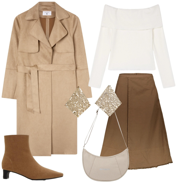 Outfit donna - Il weekend. Stile Casual per Tutti i giorni. Abbinamento con stivaletti, maglieria, orecchini, trench, borse a spalla, gonne lunghe.