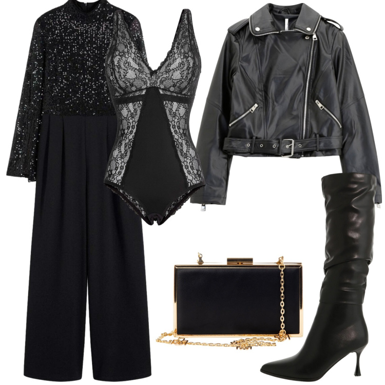 Outfit donna - Intimo Chic. Stile Chic per Serata fuori. Abbinamento con tute, body, pochette, giacche, stivali sopra il ginocchio.