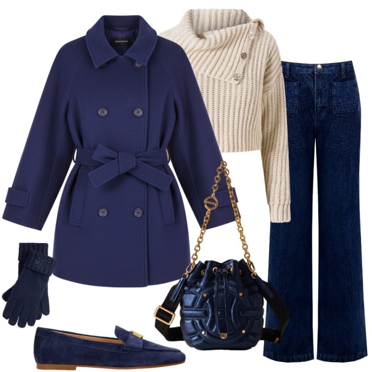 Outfit donna - Rinascimento black Friday. Stile Urban per Tutti i giorni. Abbinamento con jeans, cappotti, maglieria, borse a secchiello, mocassini, guanti.