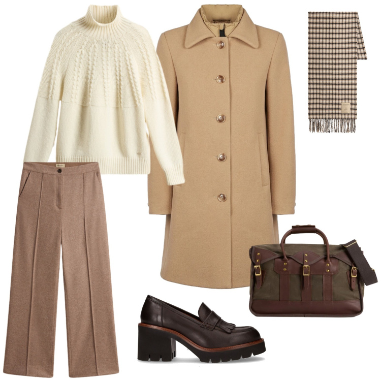 Outfit donna - Toni caldi contro il freddo. Stile Mannish per Tutti i giorni. Abbinamento con cappotti, pantaloni, maglieria, borse a tracolla, sciarpe, décolleté.