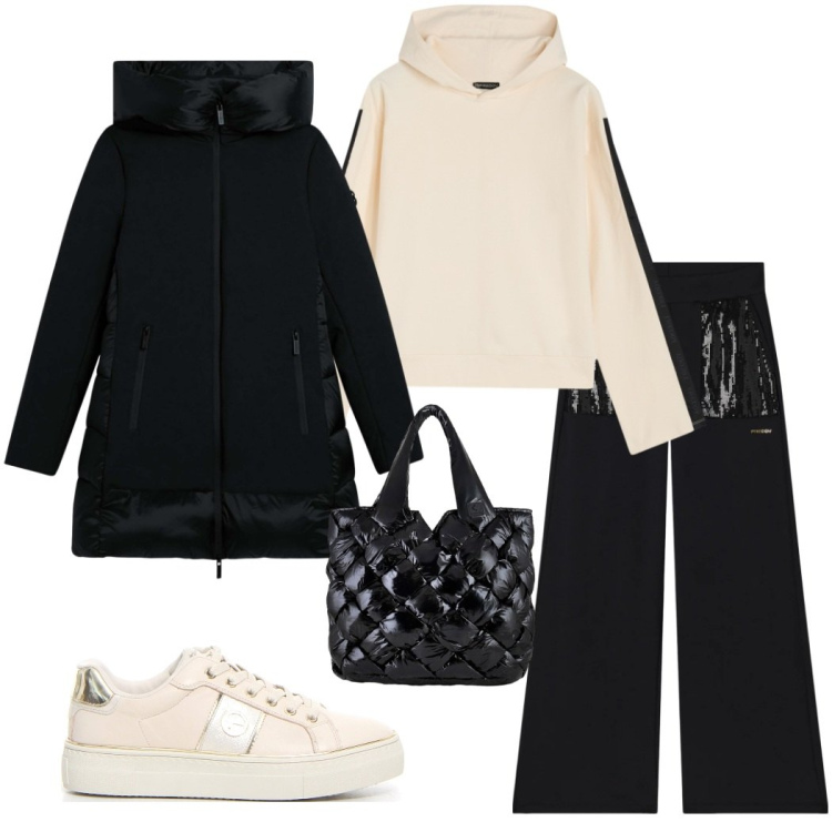 Outfit donna - Casual chic a novembre. Stile Casual chic per Tutti i giorni. Abbinamento con eskimo, felpe con cappuccio, pantaloni, borse tote, sneakers.