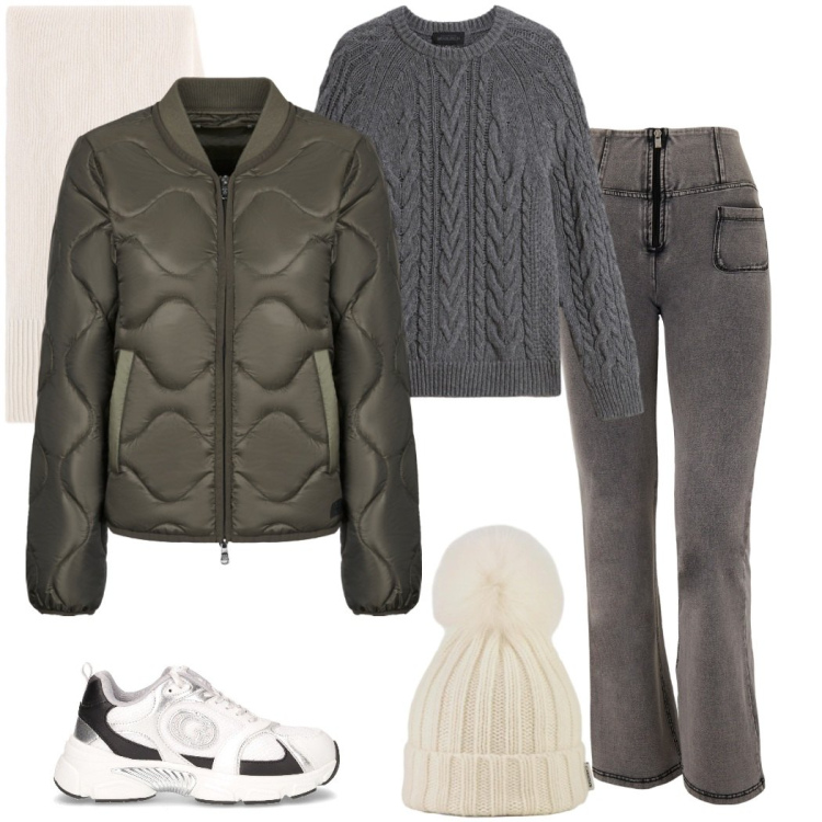 Outfit donna - Casual chic a novembre. Stile Casual chic per Tutti i giorni. Abbinamento con jeans, blazer, berretti, sciarpe, maglieria, sneakers.
