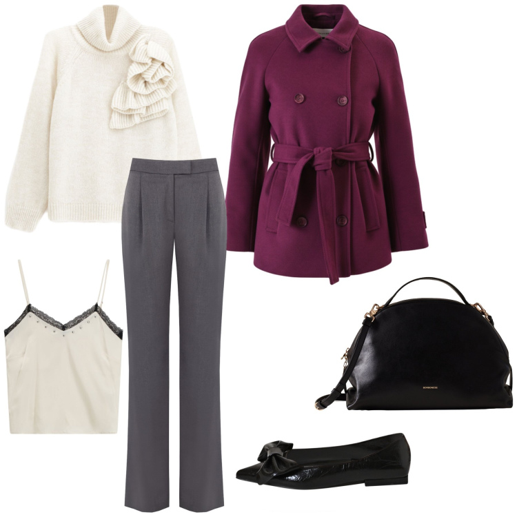 Outfit donna - Purple che passione!. Stile Casual chic per Ufficio. Abbinamento con maglieria, top, pantaloni, caban, ballerine, borse a mano.