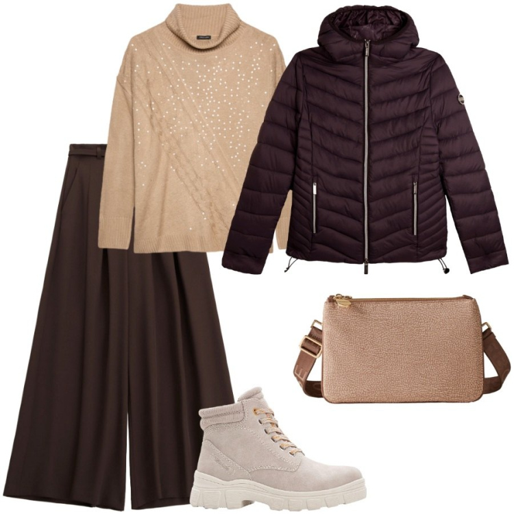 Outfit donna - Total look #2293535. Stile Casual chic per Ufficio. Abbinamento con stivaletti, pantaloni a palazzo, borse a tracolla, piumini, maglieria.