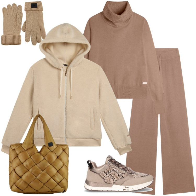 Outfit donna - Casual chic a novembre. Stile Casual chic per Tutti i giorni. Abbinamento con pantaloni, maglieria, bomber, borse tote, guanti, sneakers.