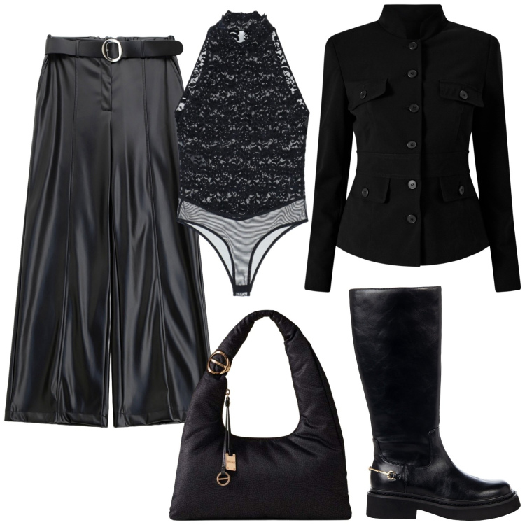 Outfit donna - Chic e Rock. Stile Rock per Serata fuori. Abbinamento con blazer, stivali sopra il ginocchio, top, pantaloni, borse a mano.