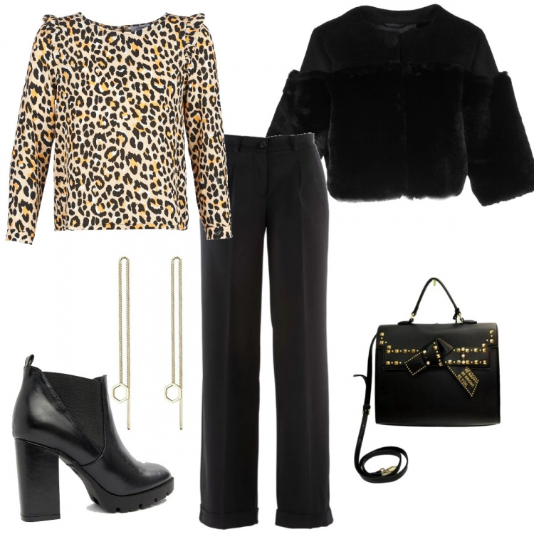 Outfit donna - Look petite. Stile Basic per Tutti i giorni. look ideale per Petite. Abbinamento con pantaloni, ecopelliccia, camicetta beige, stivaletti con plateau pianta larga, borsa a mano con borchie in ecopelle con tracolla regolabile, orecchini effetto lucido in argento 925.