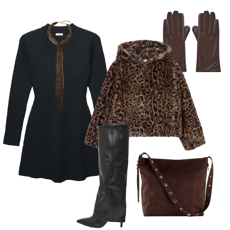 Outfit donna - City in trend. Stile Trendy per Tutti i giorni. Abbinamento con shopping bag, vestiti corti, stivali, guanti, ecopellicce, collane.