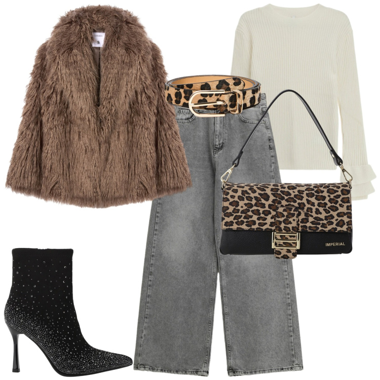 Outfit donna - City. Stile Urban per Tutti i giorni. Abbinamento con jeans, ecopellicce, maglieria, borse a spalla, stivaletti, cinture.