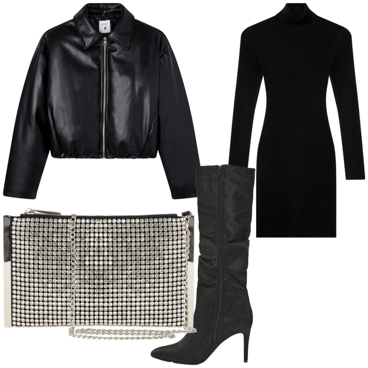 Outfit donna - Little black dress. Stile Glamour per Serata fuori. Abbinamento con pochette, vestiti corti, giacche, stivali.