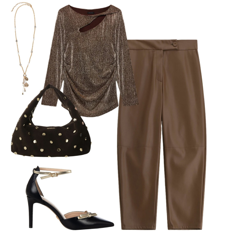Outfit donna - Cioccolato. Stile Trendy per Tutti i giorni. Abbinamento con décolleté, pantaloni, borse a spalla, bluse, ciondoli.