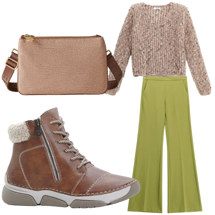 Outfit donna - I pantaloni palazzo. Stile Basic per Ufficio. Abbinamento con stivaletti, maglieria, pantaloni, borse a tracolla.