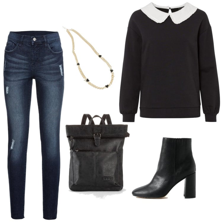 Outfit femme - Col claudine. Style Basique pour Tous les jours. Assortir avec jean skinny, sacs à dos, sweat-shirts, colliers, bottines.