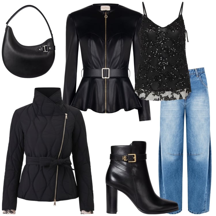 Outfit donna - Per un aperitivo con le amiche. Stile Rock per Serata fuori. Abbinamento con blazer, jeans, piumini, canottiere, borse a spalla, stivaletti.