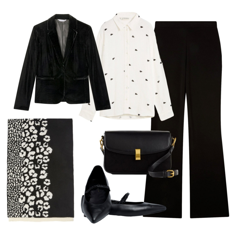 Outfit donna - Camicia e foulard!. Stile Chic per Serata fuori. Abbinamento con camicie, borse a mano, pantaloni, blazer, sciarpe, ballerine.