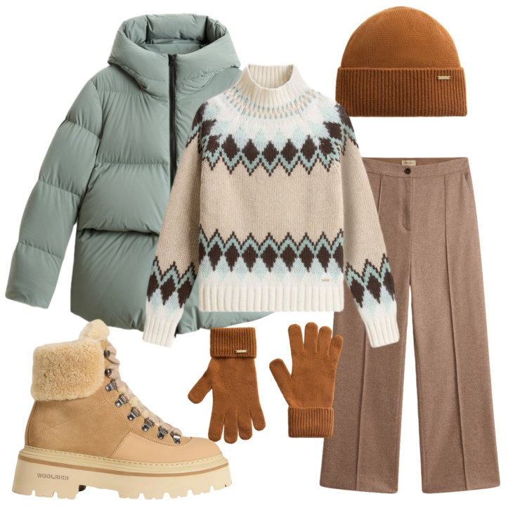 Outfit donna - Week end in montagna. Stile Casual chic per Tutti i giorni. Abbinamento con maglieria, pantaloni, berretti, guanti, piumini, stivaletti.