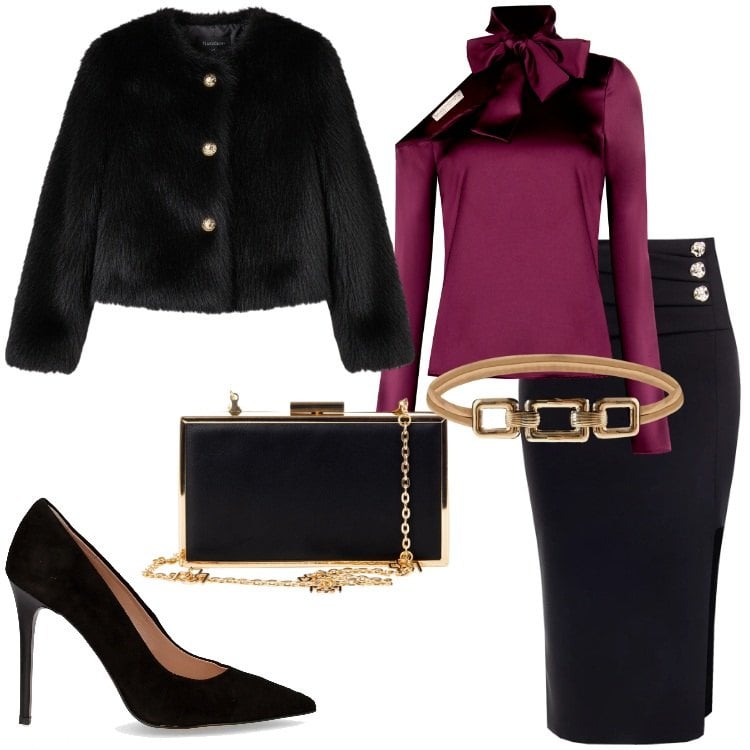 Outfit donna - Rinascimento - Black Friday 2025. Stile Chic per Serata fuori. Abbinamento con bluse, gonne, cinture, pochette, ecopellicce, décolleté.
