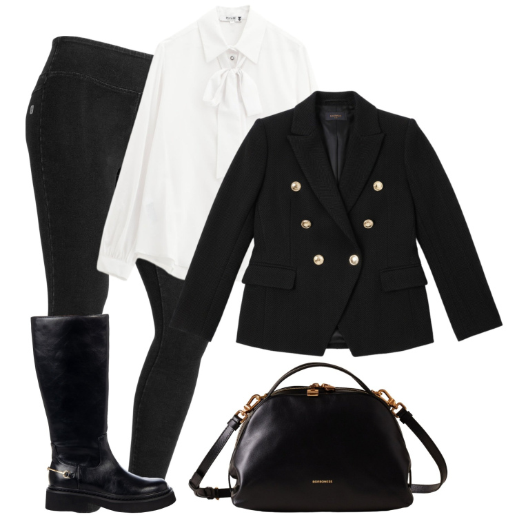 Outfit donna - City. Stile Casual chic per Tutti i giorni. Abbinamento con camicie, stivali sopra il ginocchio, blazer, borse a mano, jeggings.