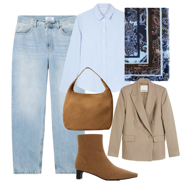 Outfit donna - Celeste e cuoio!. Stile Urban per Tutti i giorni. Abbinamento con blazer, stivaletti, borse a mano, camicie, jeans dritti, foulard.