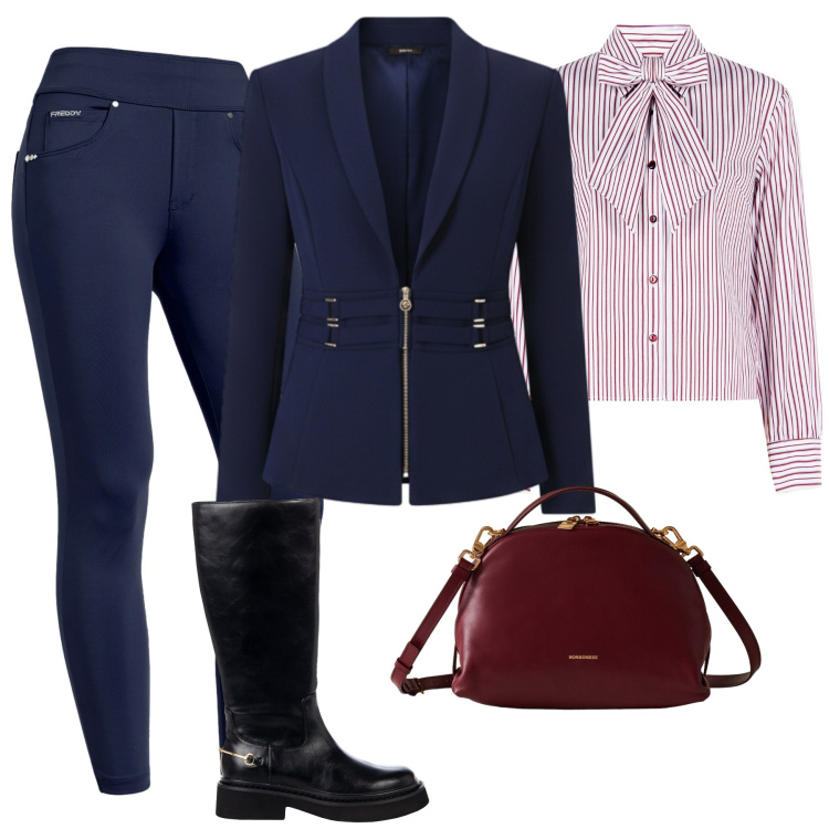 Outfit donna - Novembre. Stile Casual chic per Tutti i giorni. Abbinamento con camicie, blazer, stivali sopra il ginocchio, borse a mano, jeggings.