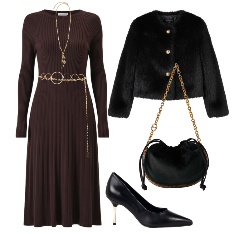 Outfit donna - L’abito in maglia a cena. Stile Chic per Serata fuori. Abbinamento con vestiti midi/longuette, cinture, ecopellicce, décolleté, borse a spalla, ciondoli.